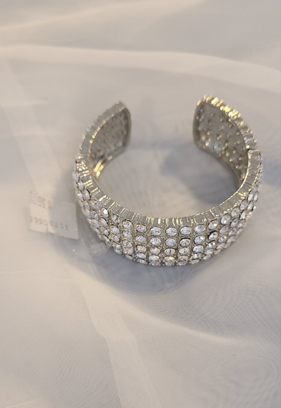 NWT Silver Toned Wide Rhinestone Stretch Bracelet Statement Glam Wedding Prom